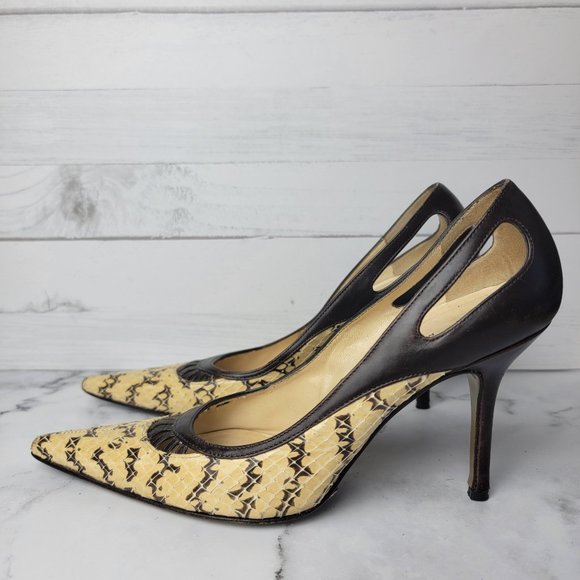 Dolce & Gabbana Shoes - Dolce & Gabbana Brown/Cream Python Leather Cutout Pointed Toe Heels